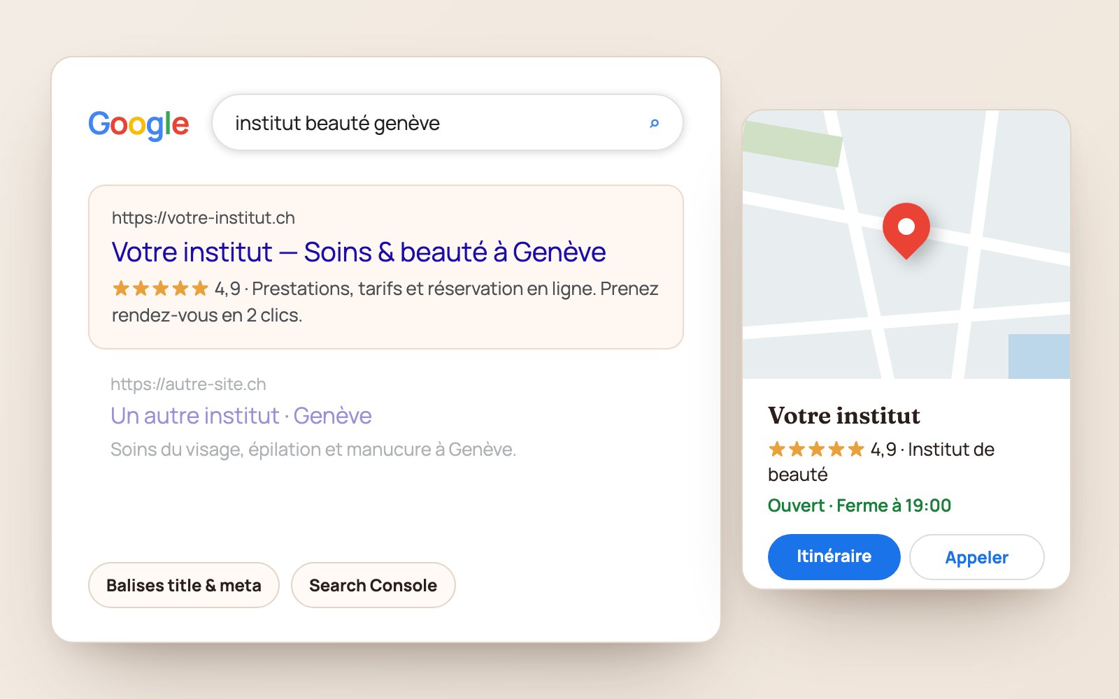 Exemple de résultat Google et de fiche Google Maps
